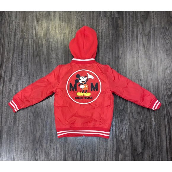 Disney Vintage Mickey Mouse UNISEX Varsity Jacket Hood Red White Stripes  Sz 3T - Picture 2 of 10